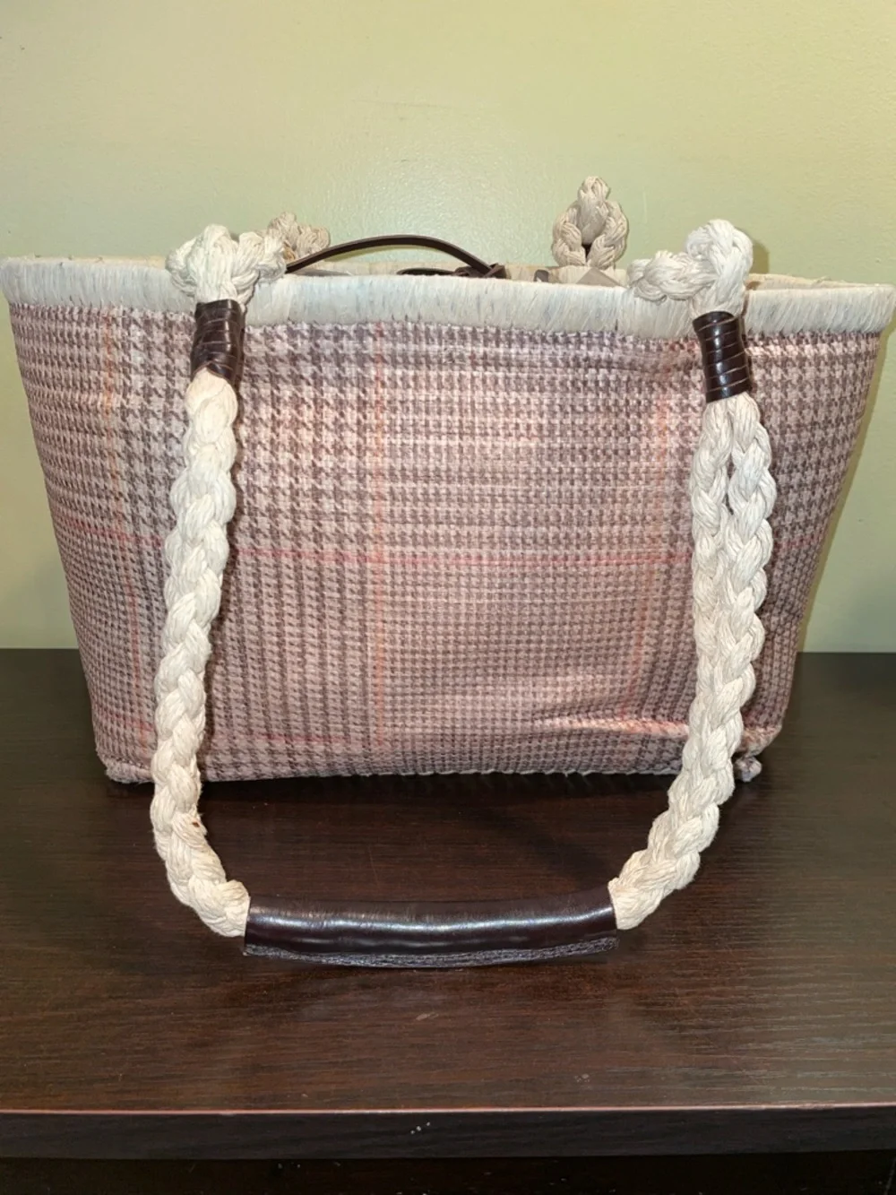 Ralph Lauren Jute Woven Pink Plaid Tote Bag Summer Beach